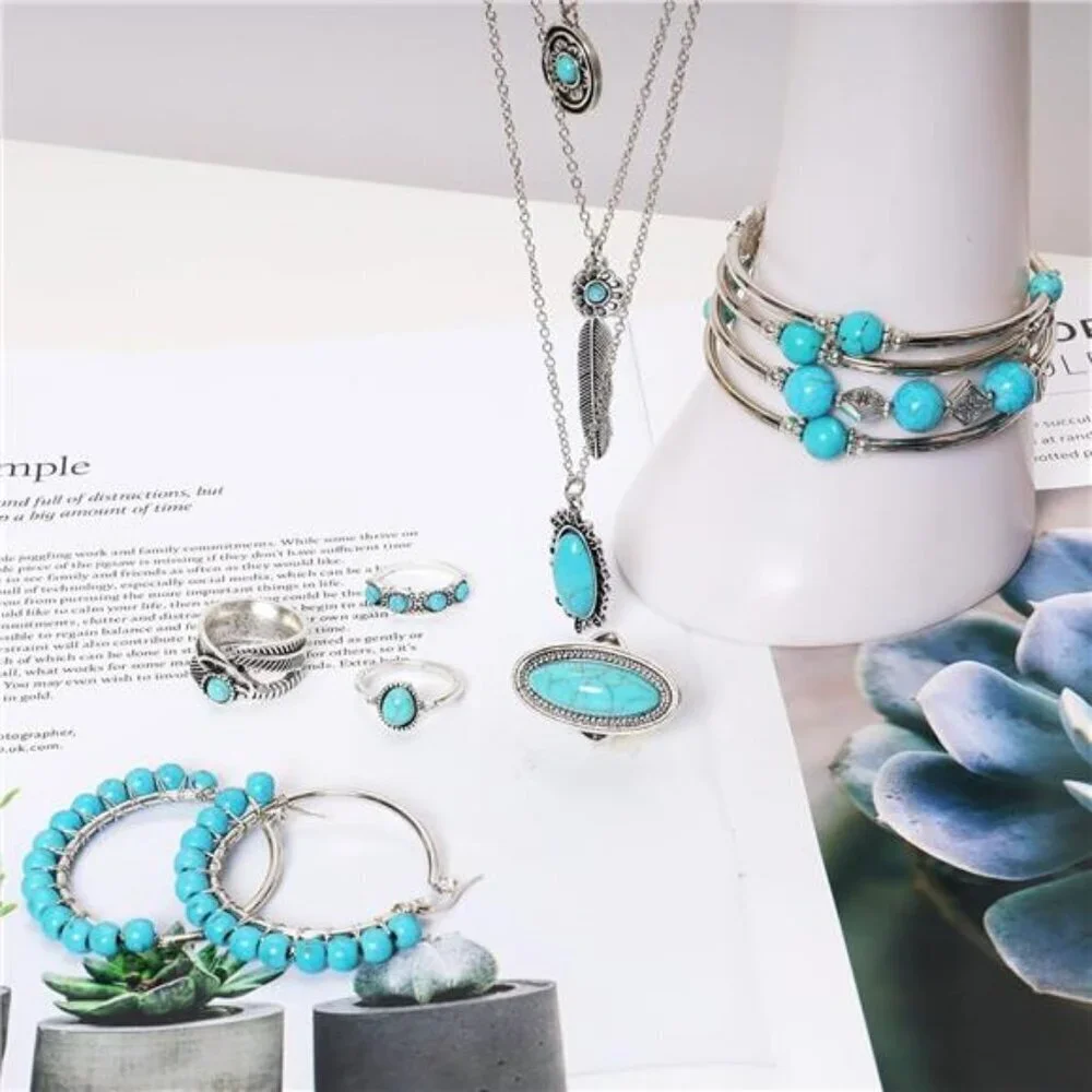 7PCS Boho South Western Turquoise Jewelry Set Turquoise Necklace Earrings Ring